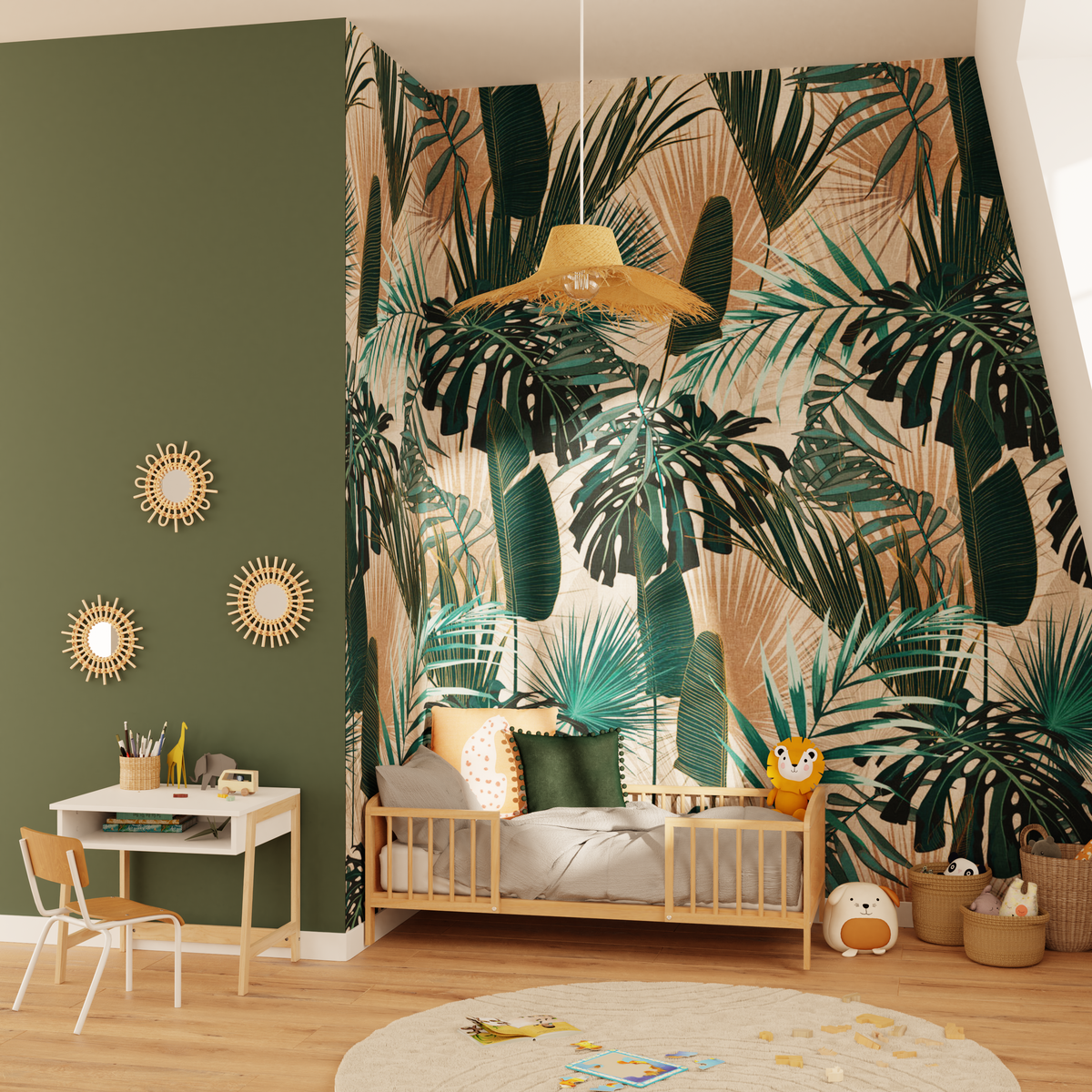 4MURS Papier peint panoramique L Thelia Vert feuille et beige Satiné