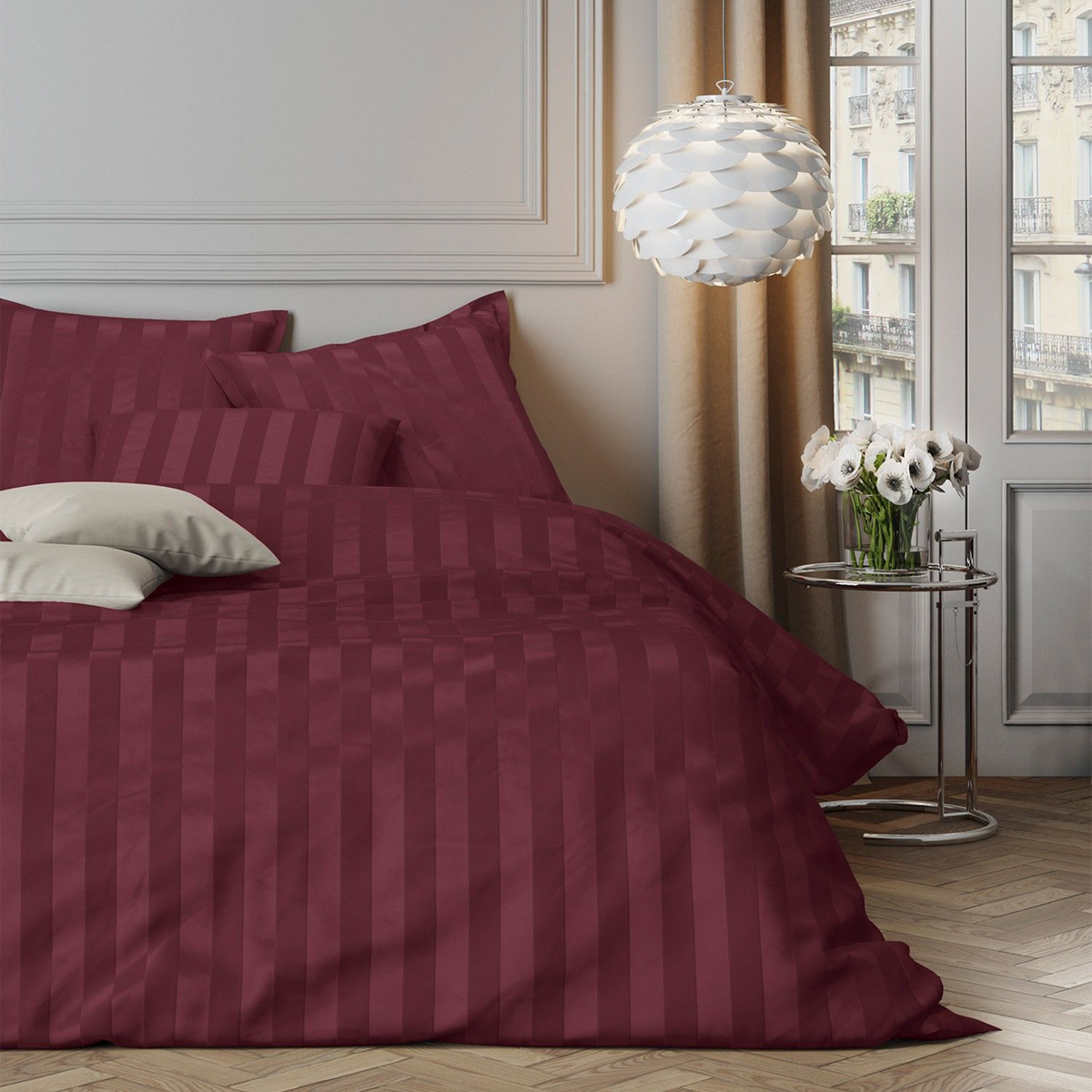 4MURS Parure de lit en satin de coton Bone Bordeaux