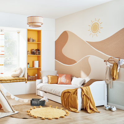 4MURS Papier peint panoramique XL Chemin des dunes Bleu pastel et terracotta rosé Mat