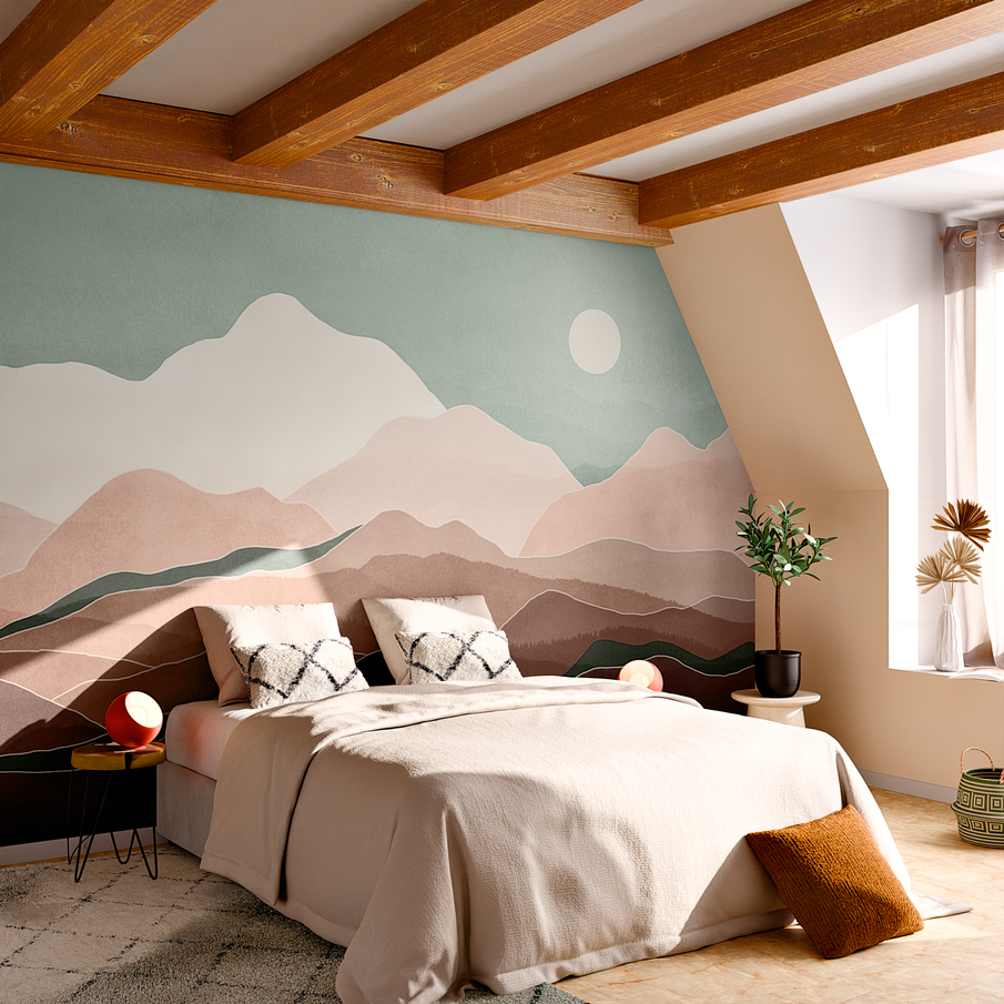 Chambre avec papier peint panoramique paysage