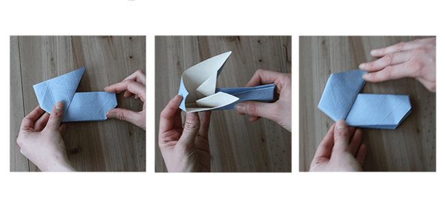 Etape 16 avec des mains qui forment la tête du lapin par des pliages