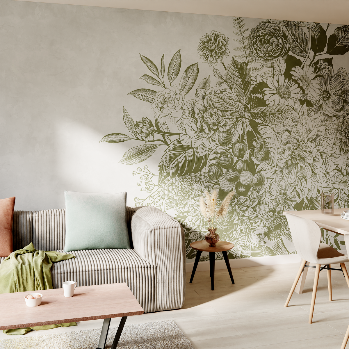 Papier peint panoramique XL Racimo Vert olive Satiné