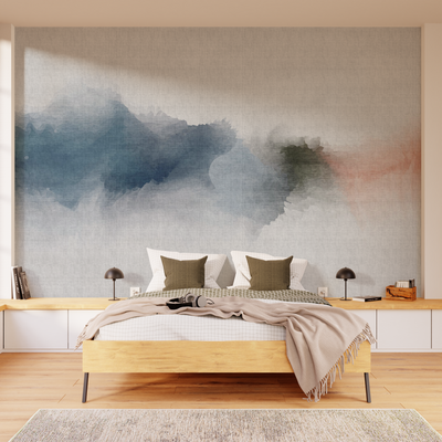 Papier peint panoramique XL Inky Bleu ciel et rouge orangé Satiné