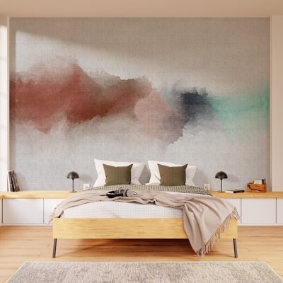 Papier peint panoramique XL Inky Rouge et vert d'eau Satiné