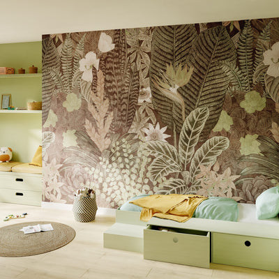 Papier peint panoramique XL Botanica Kaki et chocolat au lait Satiné