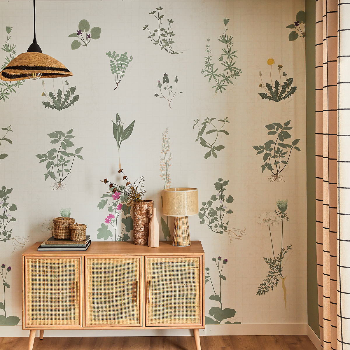 4MURS Papier peint panoramique L Herbier Vert feuille et écru