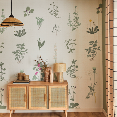 4MURS Papier peint panoramique L Herbier Vert feuille et écru