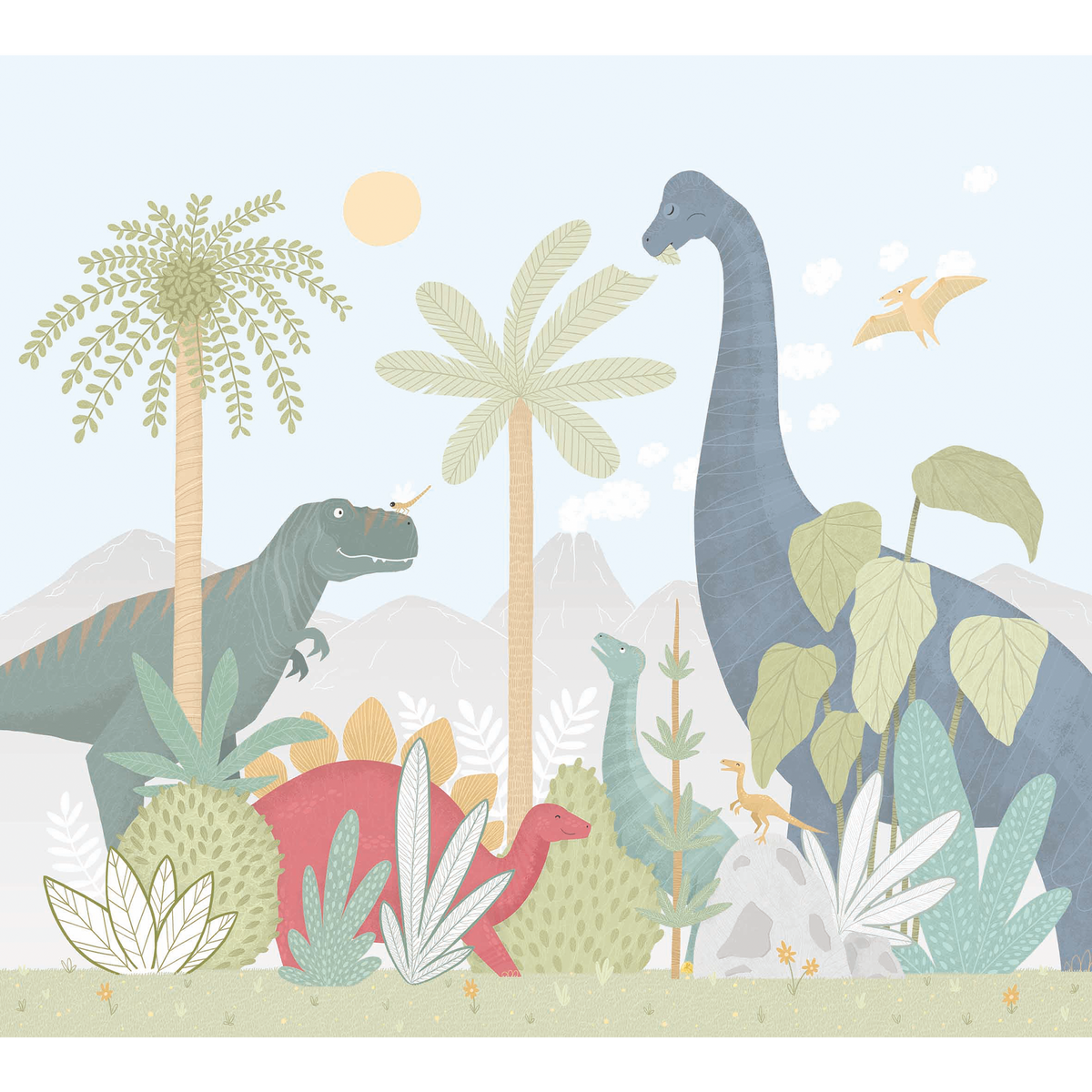 4MURS Papier peint panoramique XL Happy dino Multicolore Satiné