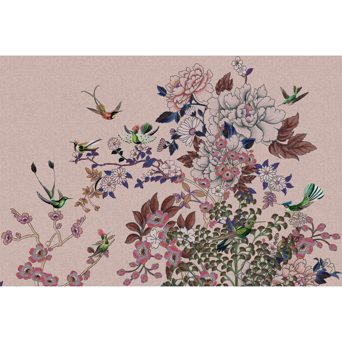 Papier peint panoramique XL Colibria Camaïeux de rose Satiné
