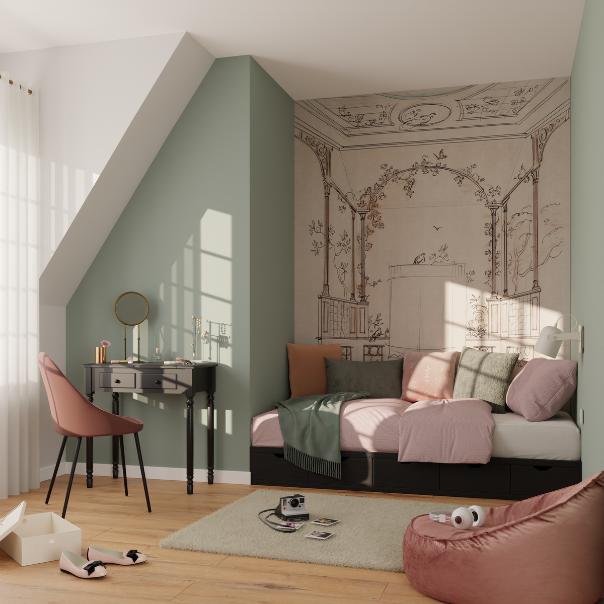 Papier peint panoramique L Juline Écru rosé Satiné