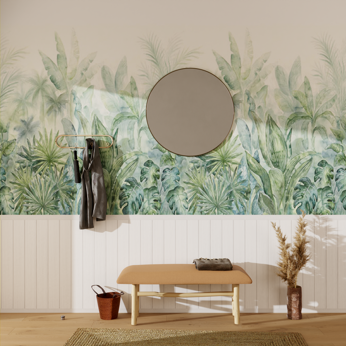 Papier peint panoramique L Trinidad panel Vert feuille Satiné