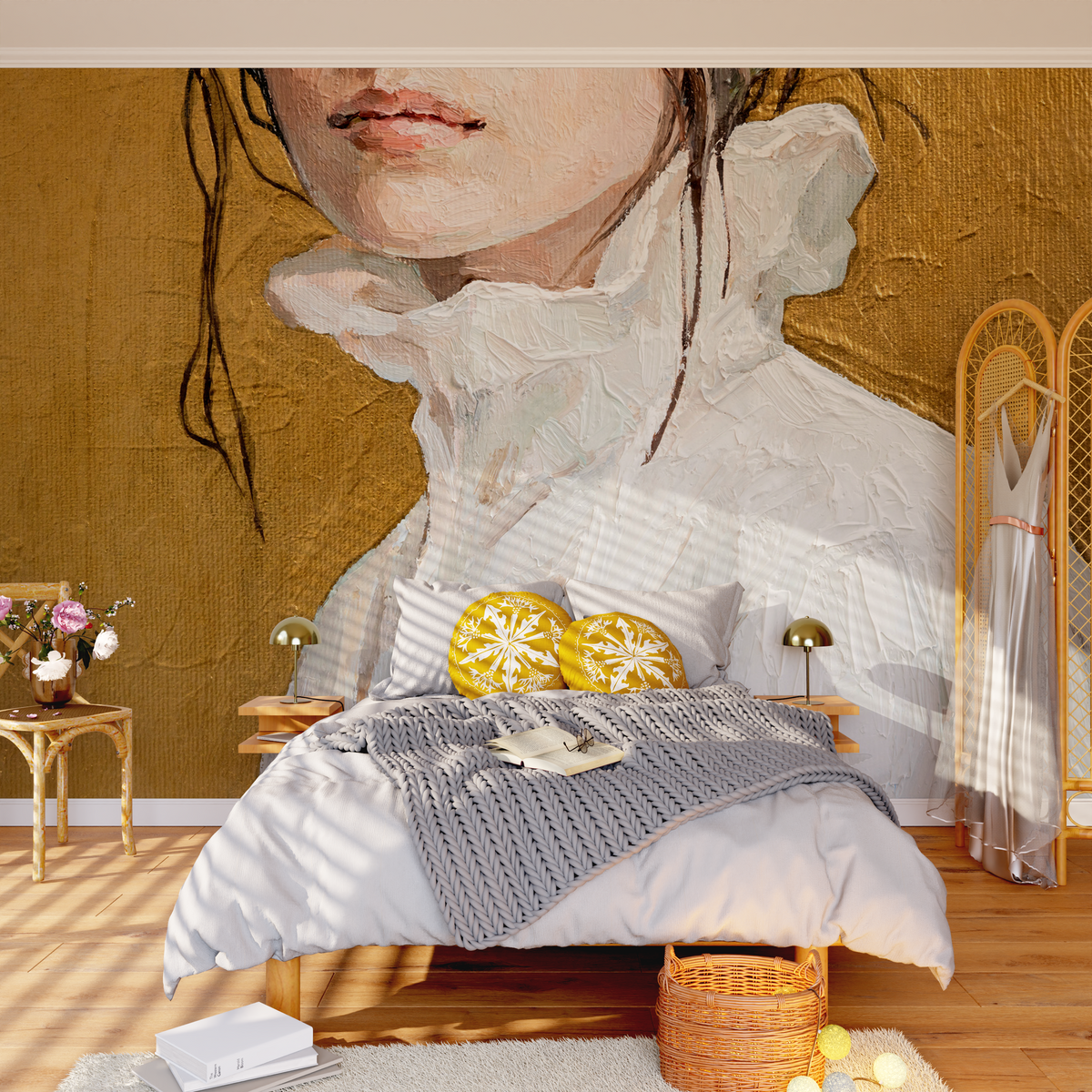 Papier peint panoramique XL Blanche Safran et blanc Satiné