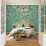 Chambre au papier peint panoramique à motif tombant couleur turquoise