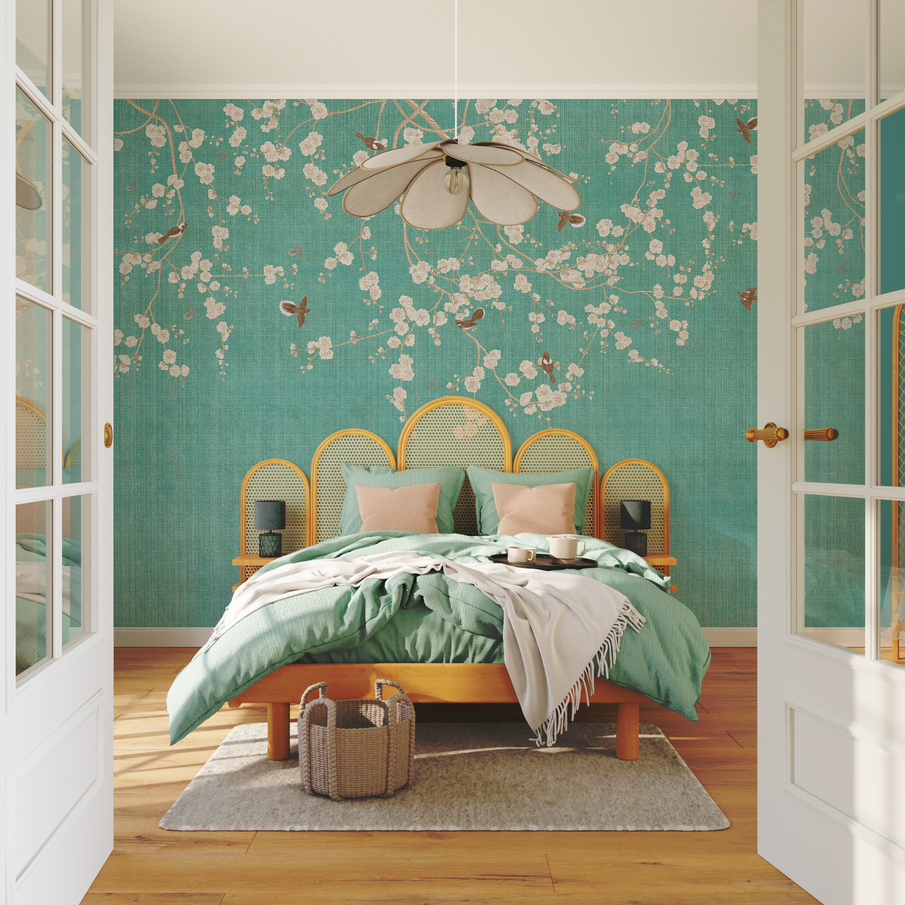 Chambre au papier peint panoramique à motif tombant couleur turquoise