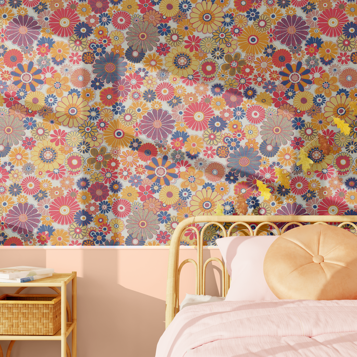 Papier peint intissé Donatille Orange clair, rose framboise et bleu violacé