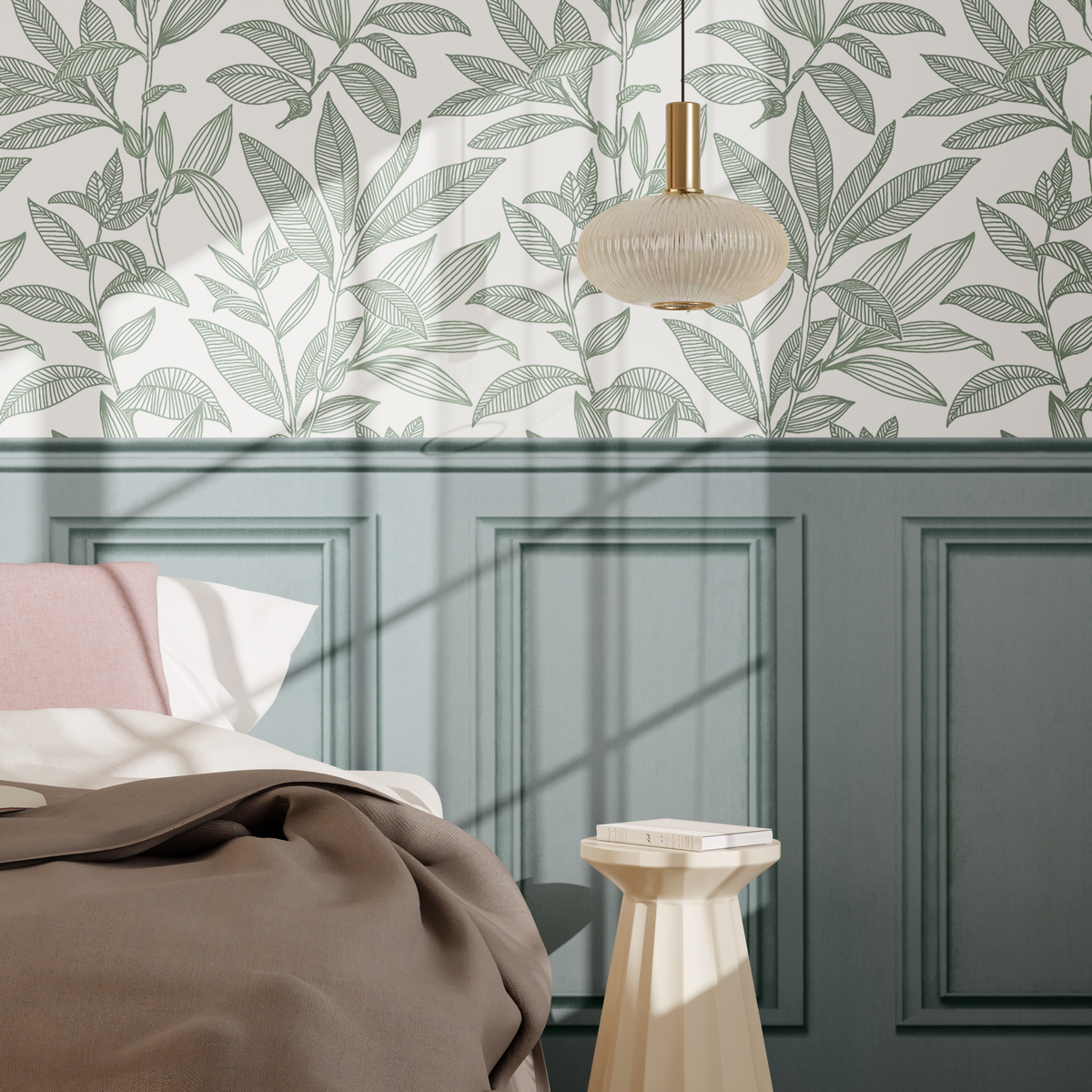 4MURS Papier peint intissé Soubassement moulures Vert de gris