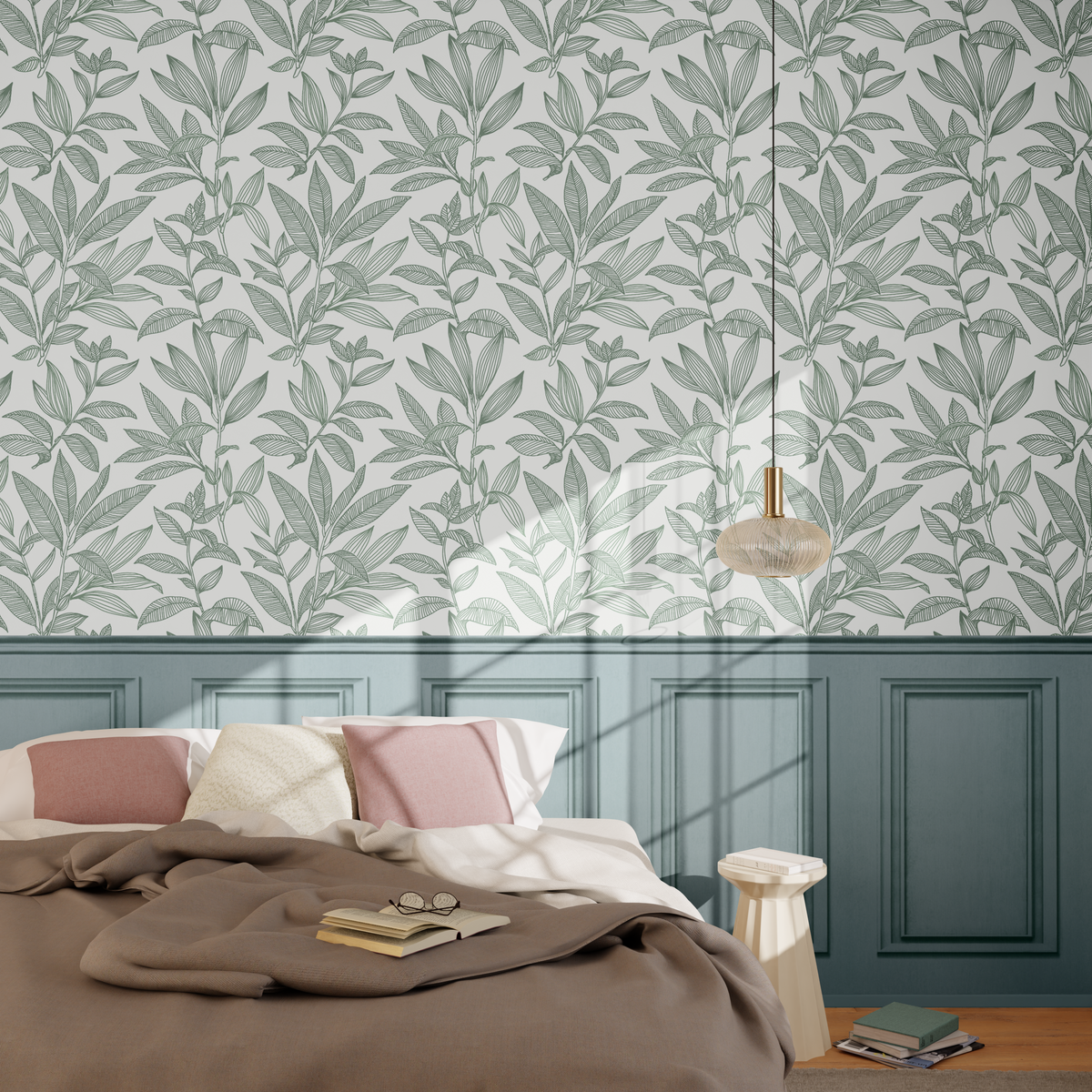 4MURS Papier peint intissé Soubassement moulures Vert de gris