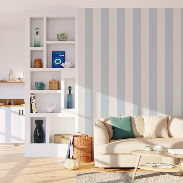 4MURS Papier peint vinyle PODIUM STRIPE bleu grisé et blanc