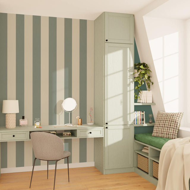 Papier peint vinyle PODIUM STRIPE vert de gris et blanc