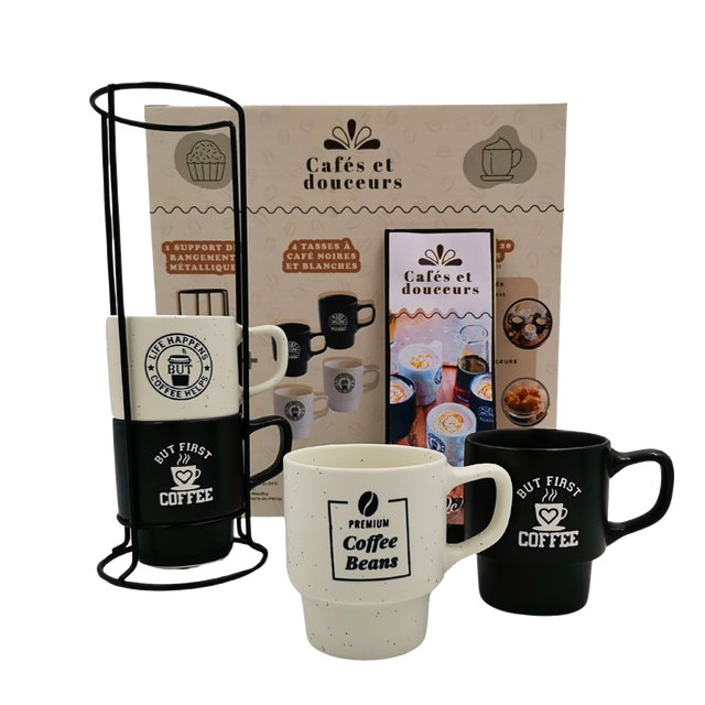 Coffret tasses CAFÉS & DOUCEURS coloris noir et blanc