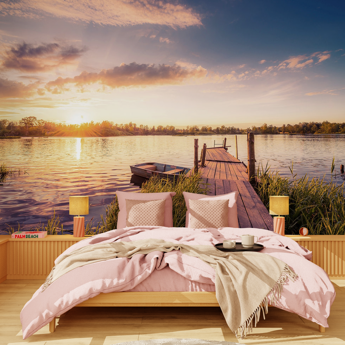 Papier peint panoramique XL Manaa Bleu ciel et jaune rosé Satiné