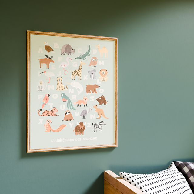 4MURS Image encadrée ABECEDAIRE LA CARTE DES ANIMAUX vert