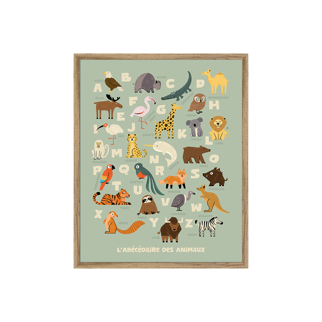 4MURS Image encadrée ABECEDAIRE LA CARTE DES ANIMAUX vert