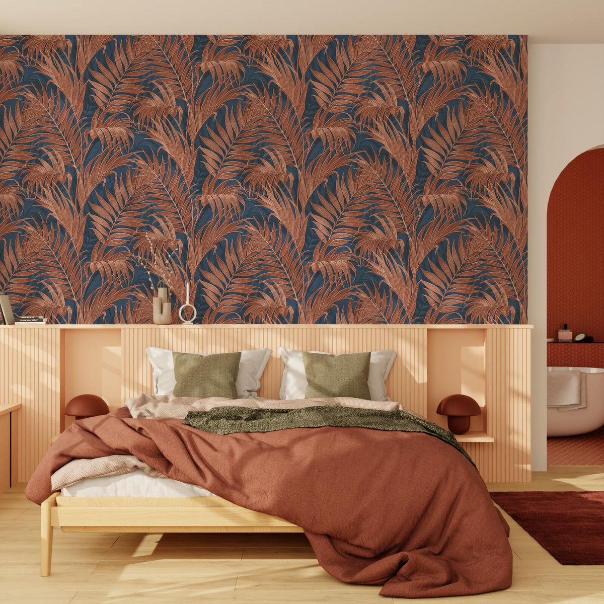 Papier peint intissé Gracie Bleu nuit et rouge cuivré