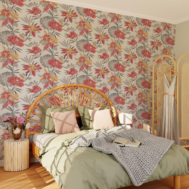 Papier peint intissé CLEOME coloris Blanc et rouge