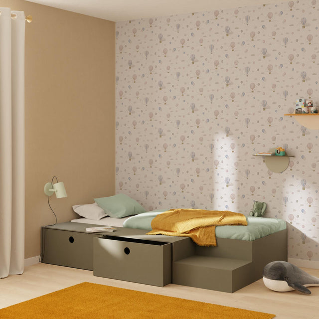 Papier peint intissé AIR BALLOON beige taupe, rose et bleu