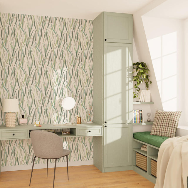 Papier peint intissé VELIA coloris vert et taupe