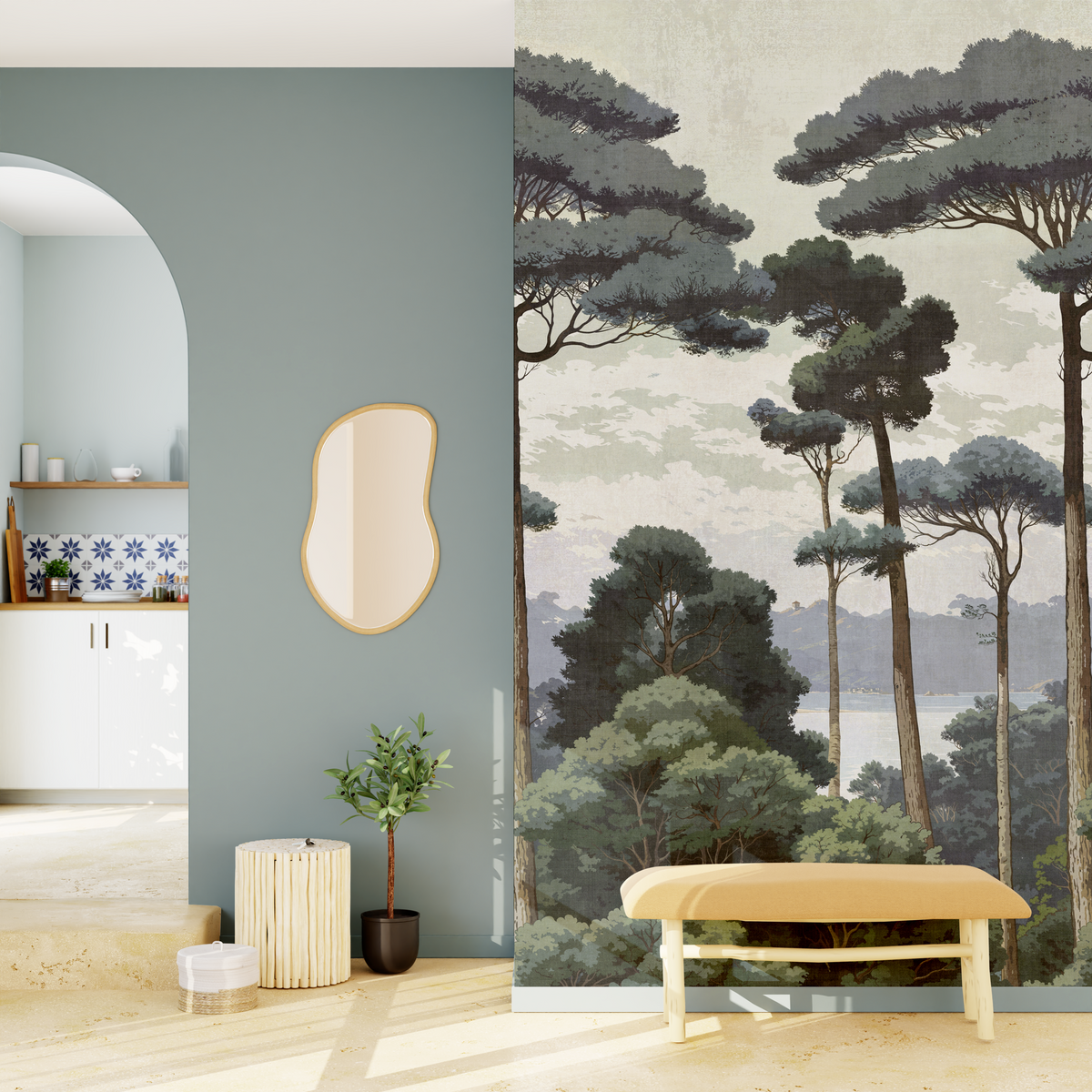 Papier peint panoramique L Pienza Vert bleuté Trame