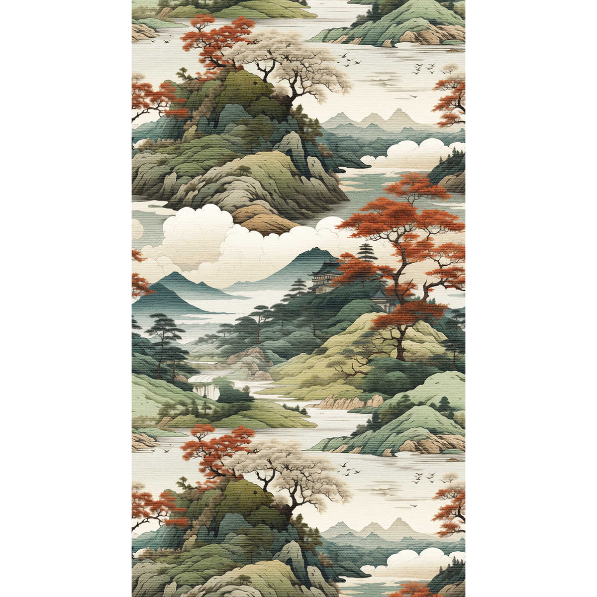 Papier peint panoramique L Nishino Vert, rouge Trame