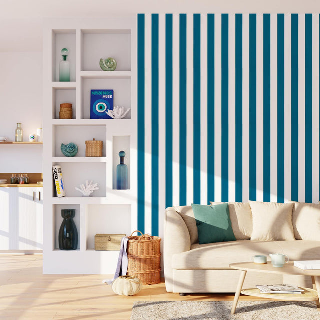 4MURS Papier peint intissé OPAL STRIPE bleu paon et blanc