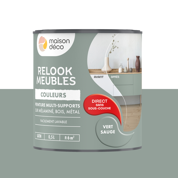 RELOOK MEUBLES COULEURS Peinture Relook meubles Vert sauge Satiné 0,5L