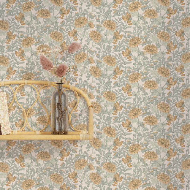Papier peint intissé DAHLIA coloris vert de gris et ocre