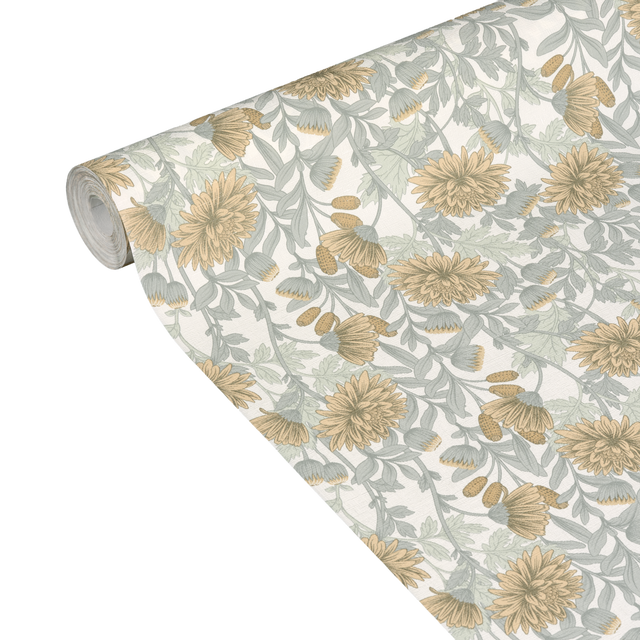 Papier peint intissé DAHLIA coloris vert de gris et ocre