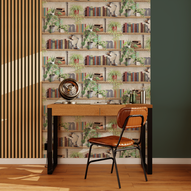 Papier peint intissé MAXWELL gris chaud et vert feuille