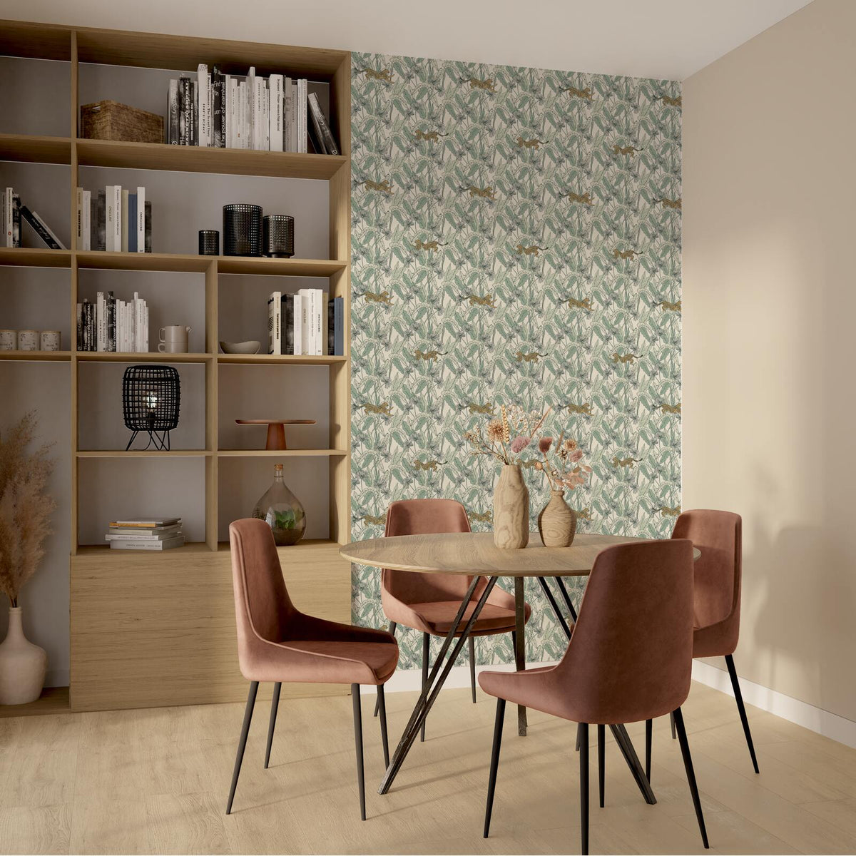 CASELIO Papier peint intissé Felindra Vert feuille et doré