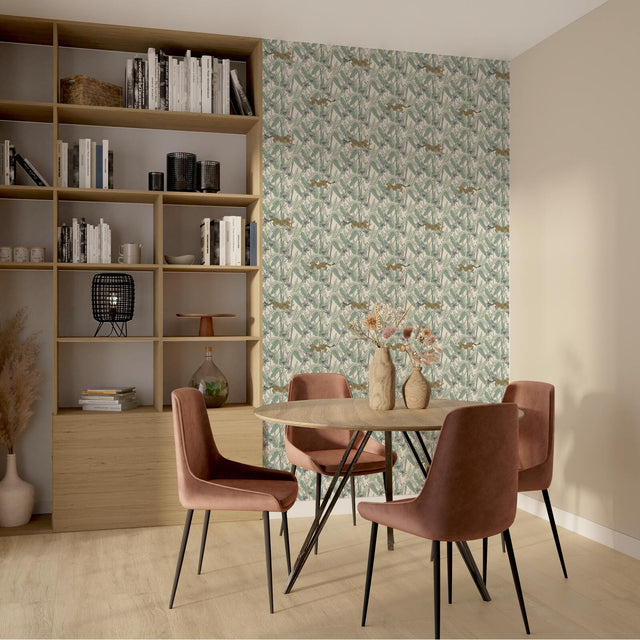 Caselio Papier peint intissé FELINDRA vert feuille et doré