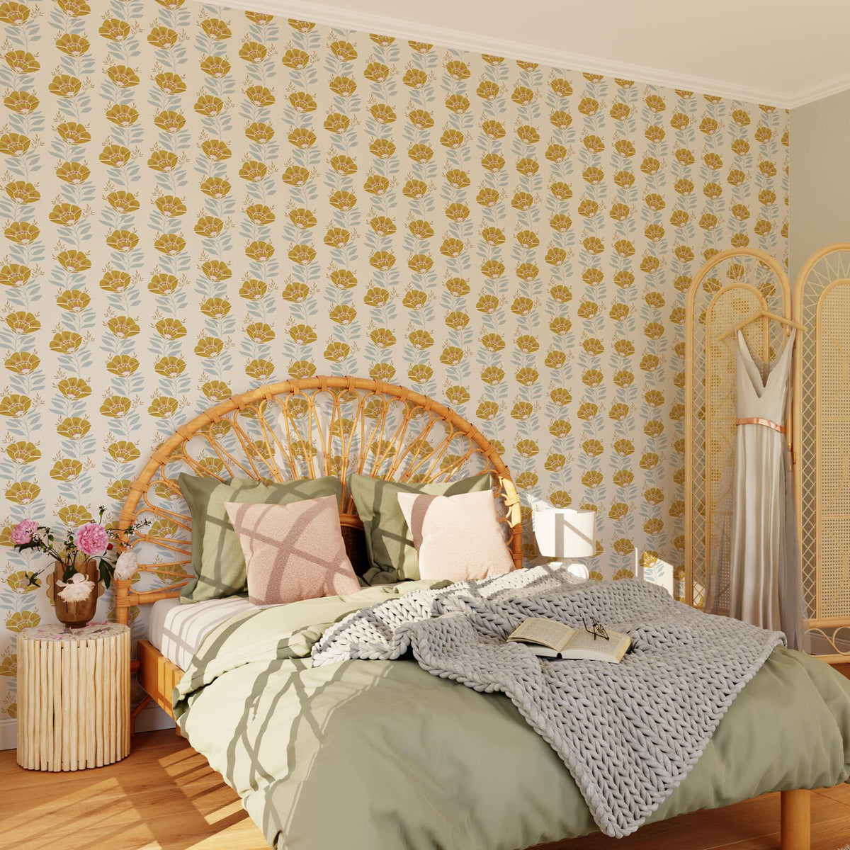 CASELIO Papier peint intissé Seraphina Ocre et bleu ciel