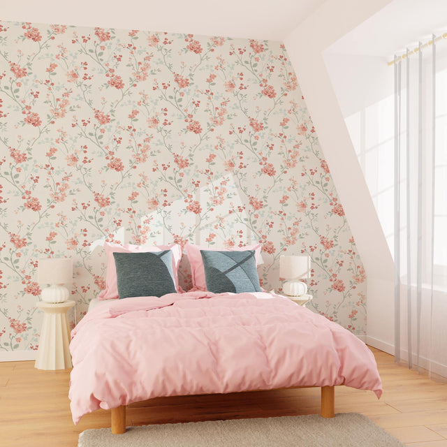 Papier peint intissé EMELIE coloris Rose et vert bleuté