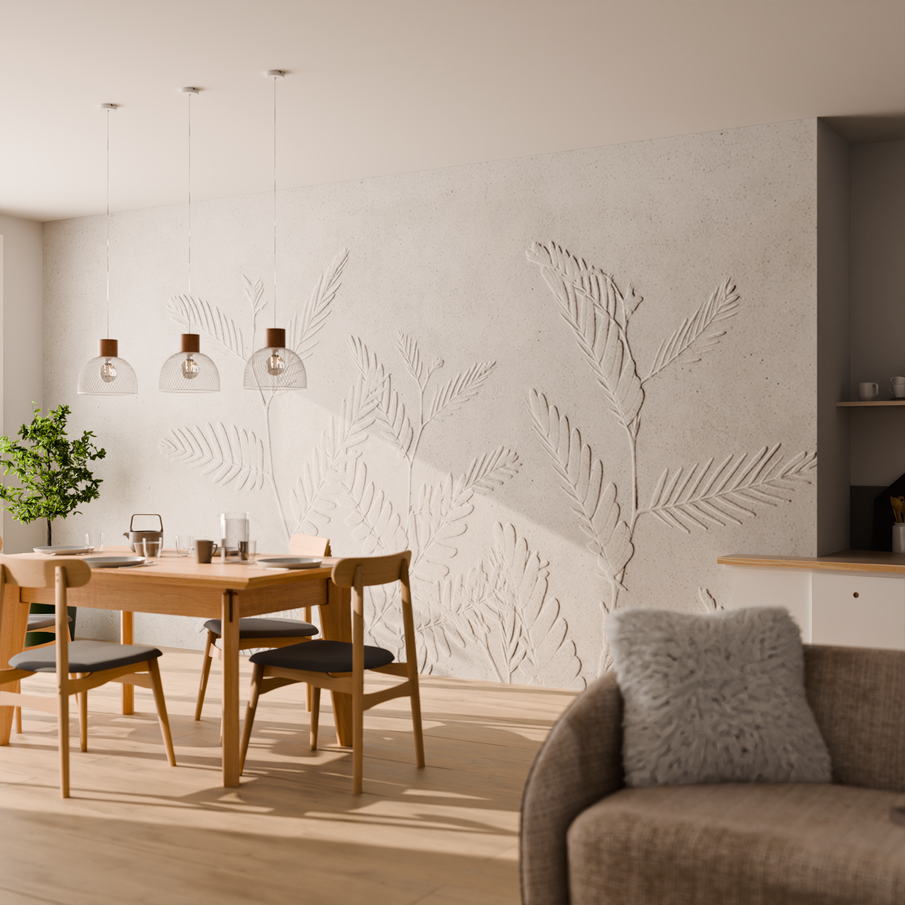 Séjour avec coin repas, décor panoramique blanc avec feuillage en relief