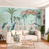 Décor panoramique trompe-l'œil ryad bleu ciel avec paons dans un salon beige