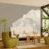Papier peint gris avec nuage blanc dans salon aux tons crème et vert