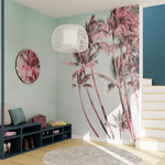 Papier peint panoramique motif grands palmiers style Miami, rose et bleu pastel