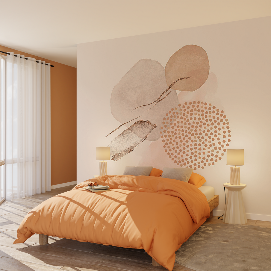 Chambre aux tons beige et orangé, papier peint panoramique beige au motif abstrait