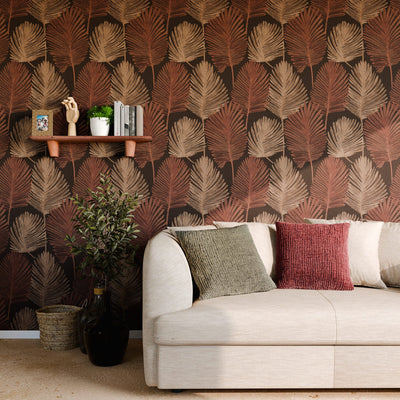 Papier peint intissé Hoja Marron foncé et orange cuivré