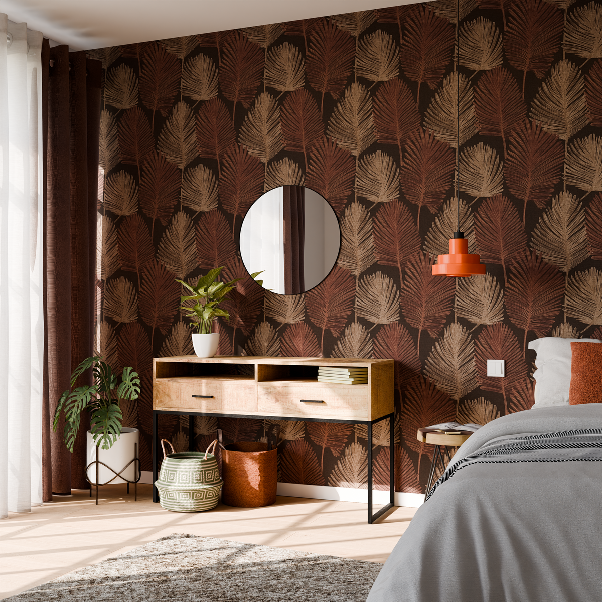 Papier peint intissé Hoja Marron foncé et orange cuivré