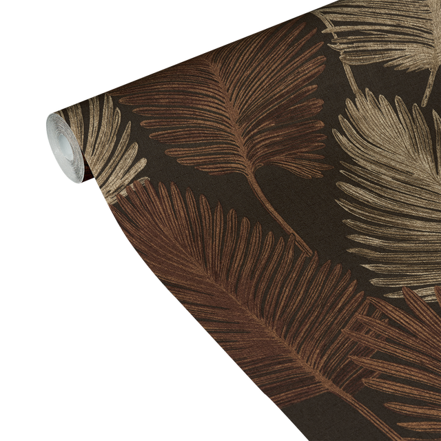 Papier peint intissé HOJA marron foncé et orange cuivré